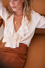 Soft rayon striped blouse with ruffle neckline