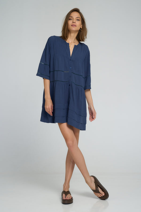 Button-through style ocean blue rayon dress LILYA Lori