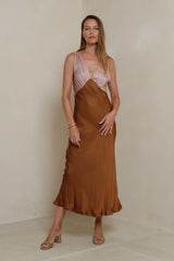 LILYA satin-touch midi slip dress in patchwork colours