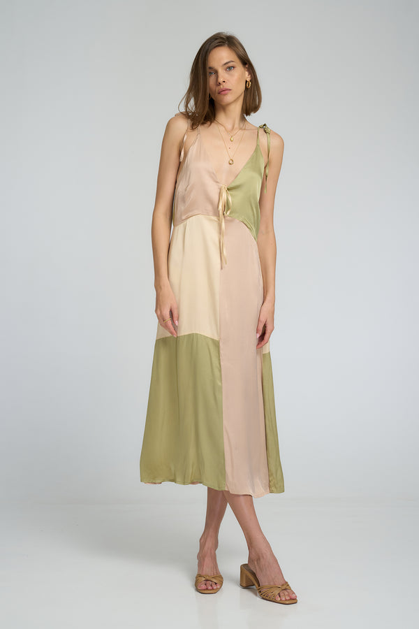 Front view of LILYA Peony Dress in pastel patchwork