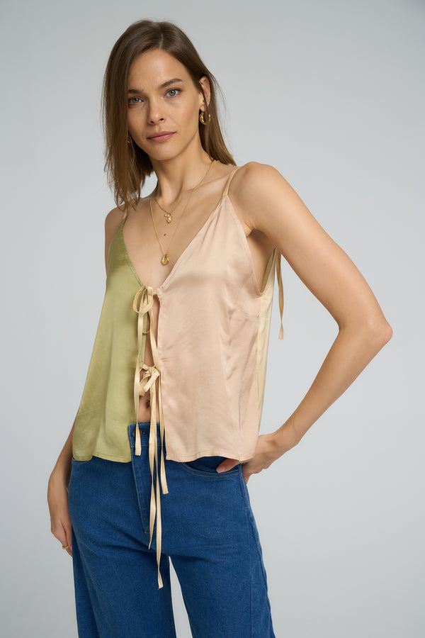 Front view of LILYA Peony Cami Top in pastel patchwork