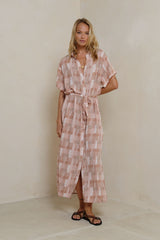 Lotus Dress in Utopia Print Sunset with waist tie