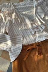 Striped shirt with double frill neck detail and flared sleeve