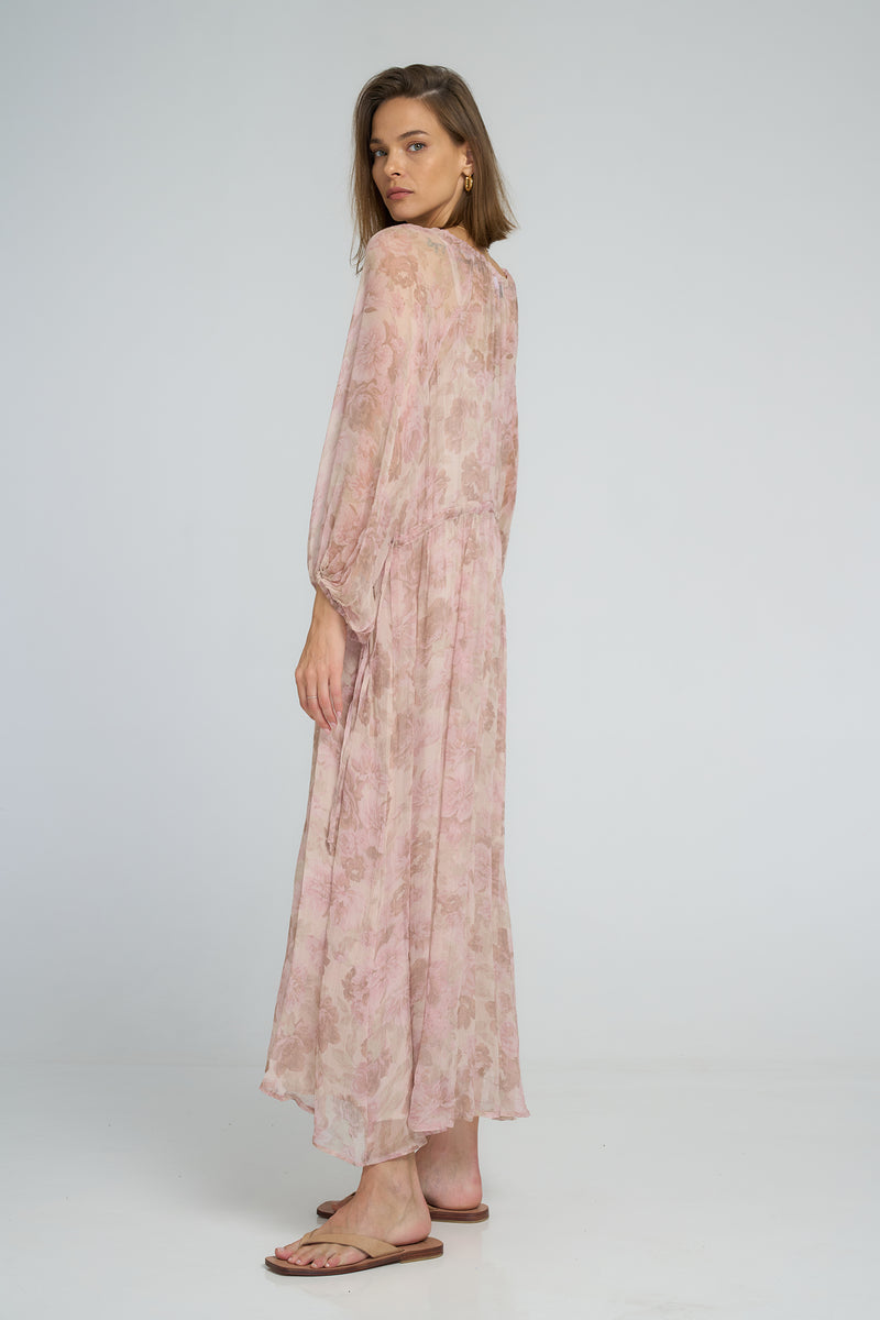 Back view of the LILYA Verbena floral maxi dress with elasticised sleeves