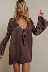 Zermatt Dress in chocolate with tie neckline and relaxed bell sleeves
