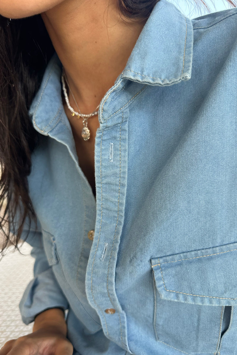 A close up of a chambray shirt by Lilya
