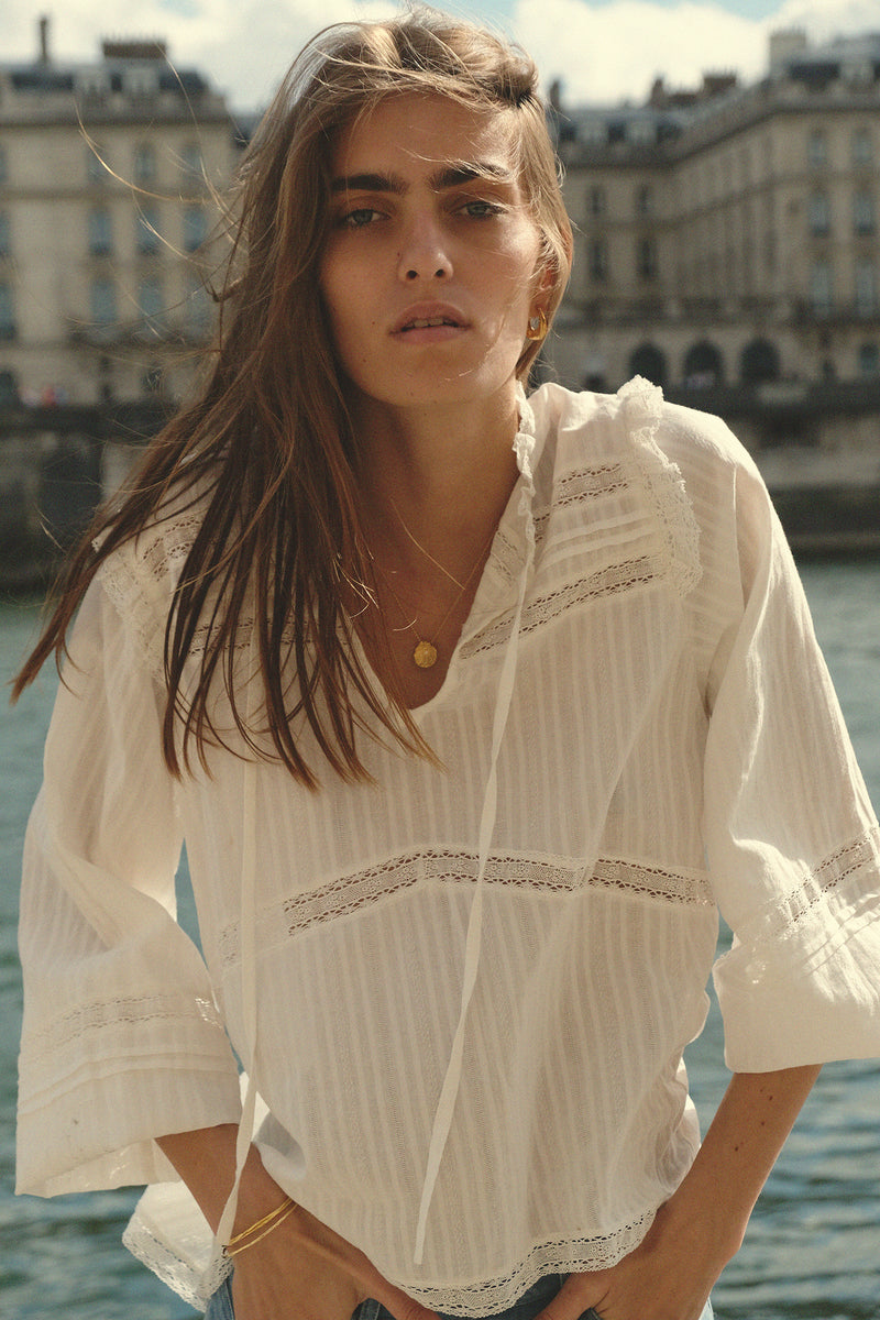 Close up of the Azalea Lace Top White by Lilya
