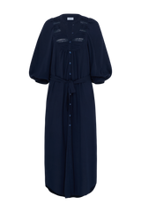 Close up of navy shirt dress with lace details Lilya