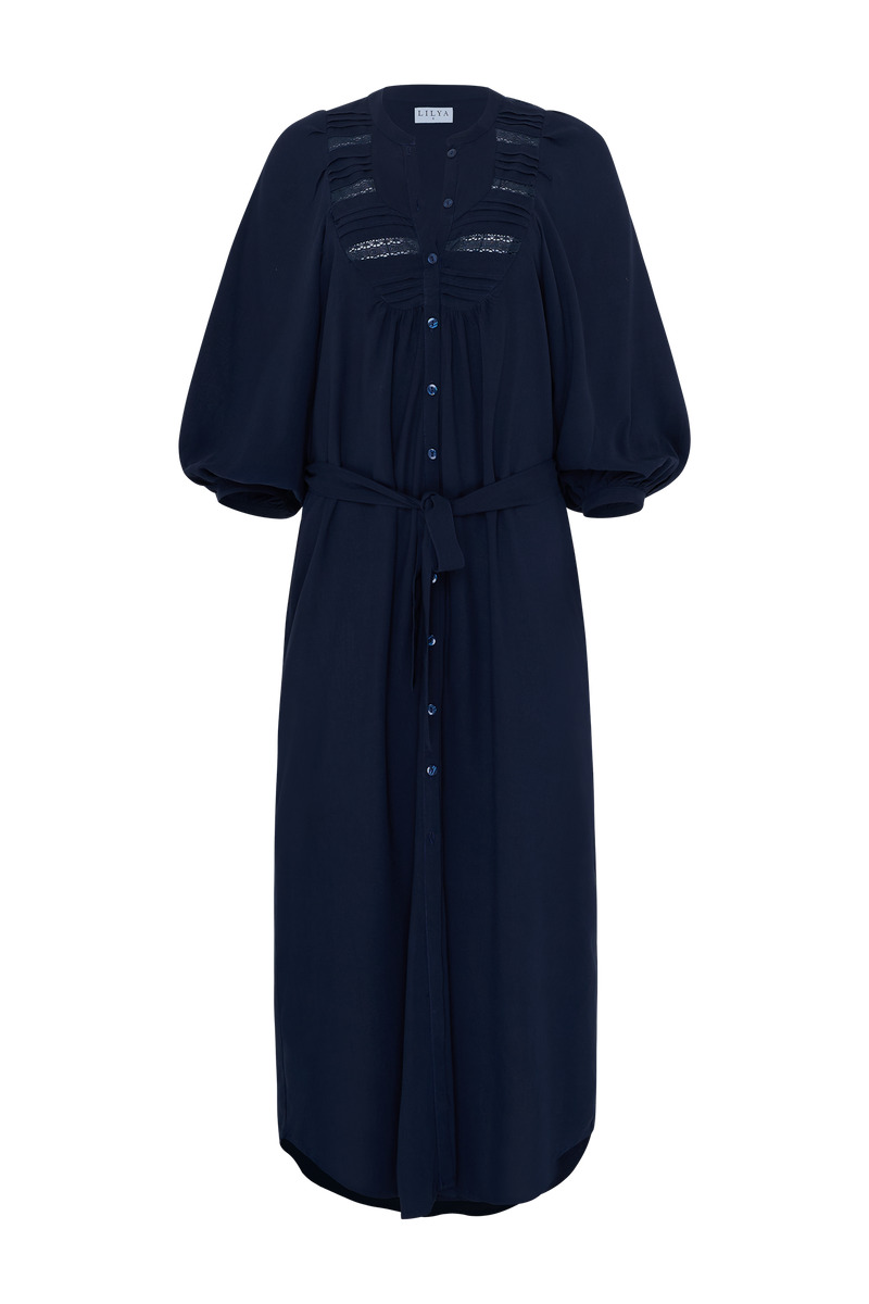 Close up of navy shirt dress with lace details Lilya