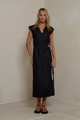 Lightweight linen midi wrap dress in Black/Mocha