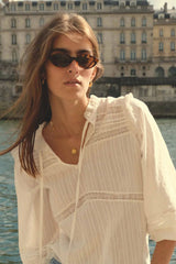Woman wearing sunglasses and a white blouse with a cityscape in the background