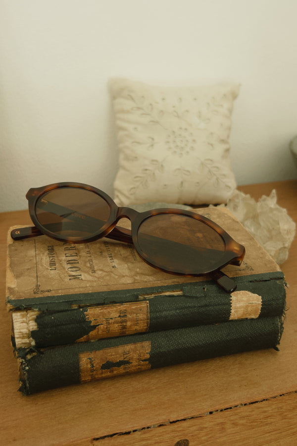 Sunglasses on top of vintage books with a neutral background