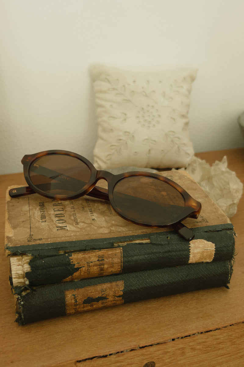 Sunglasses on top of vintage books with a neutral background