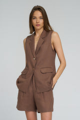 Front view of LILYA Malachite Vest in chocolate brown