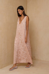 Antique Rose maxi dress with flowing A-line silhouette and soft sheen