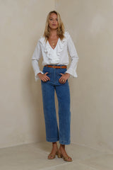 Front view of 70's inspired denim jeans
