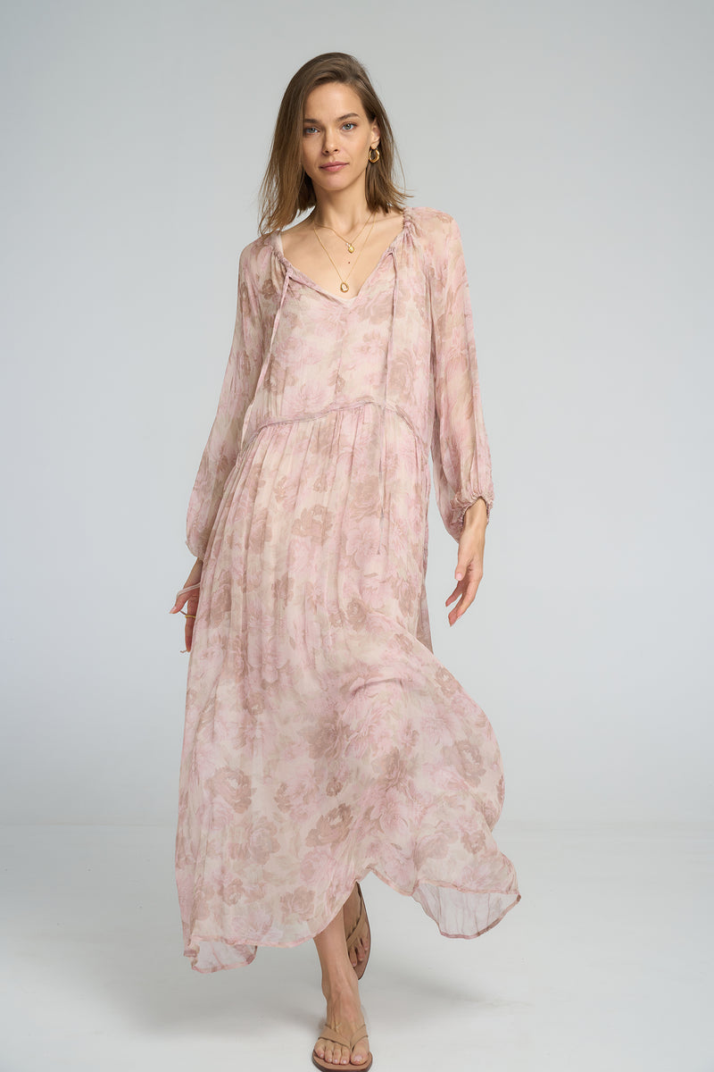 LILYA’s romantic chiffon maxi dress in floral print