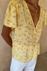 Close up of the gathers on the shoulders on the Monty Top in Yarrow Yellow.