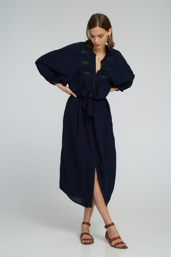 Lucille Dress in navy with delicate lace detail and button-down front