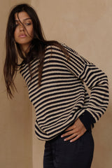 Navy Sand striped cotton knit top with relaxed open-weave texture 