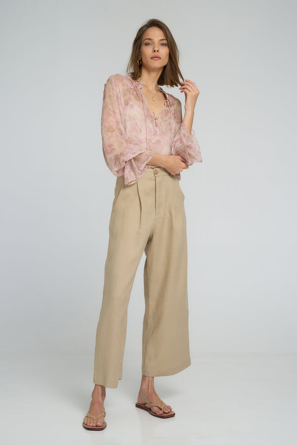 Front view of LILYA Scorpio Pant in neutral sand linen