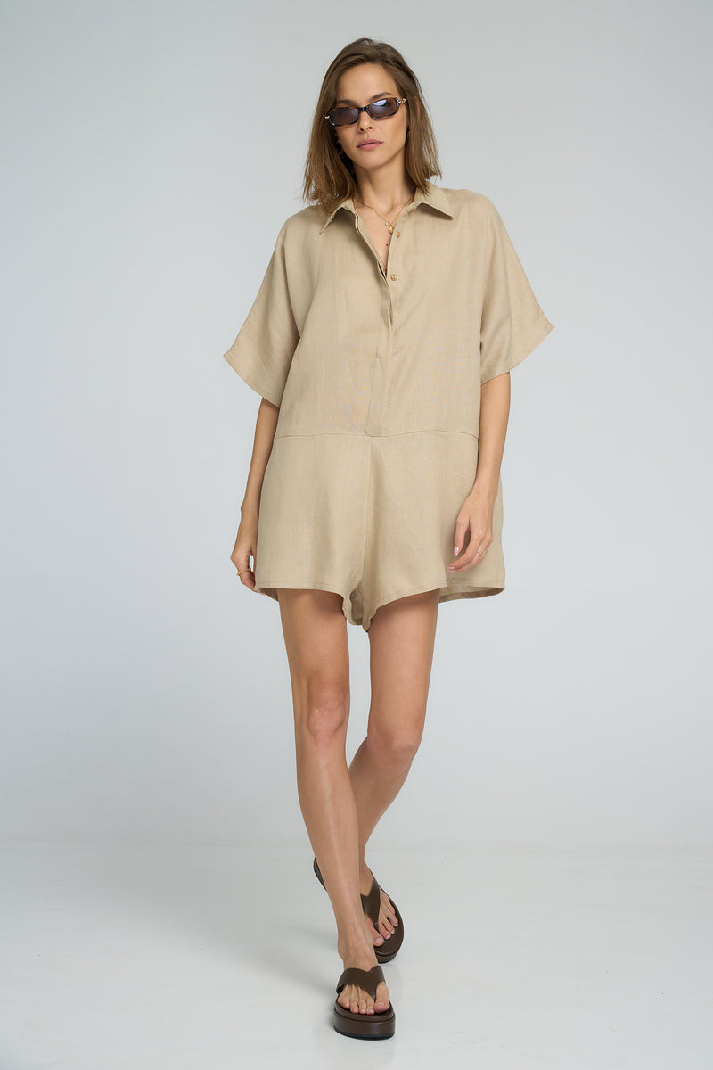 del rio playsuit showing soft silhouette and mid-thigh length