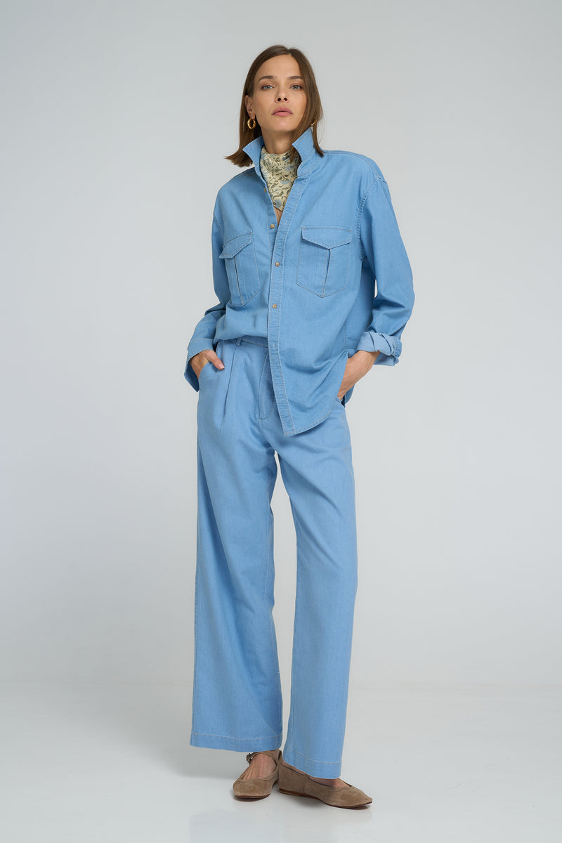 Breathable cotton chambray shirt with utility pockets, perfect for layering