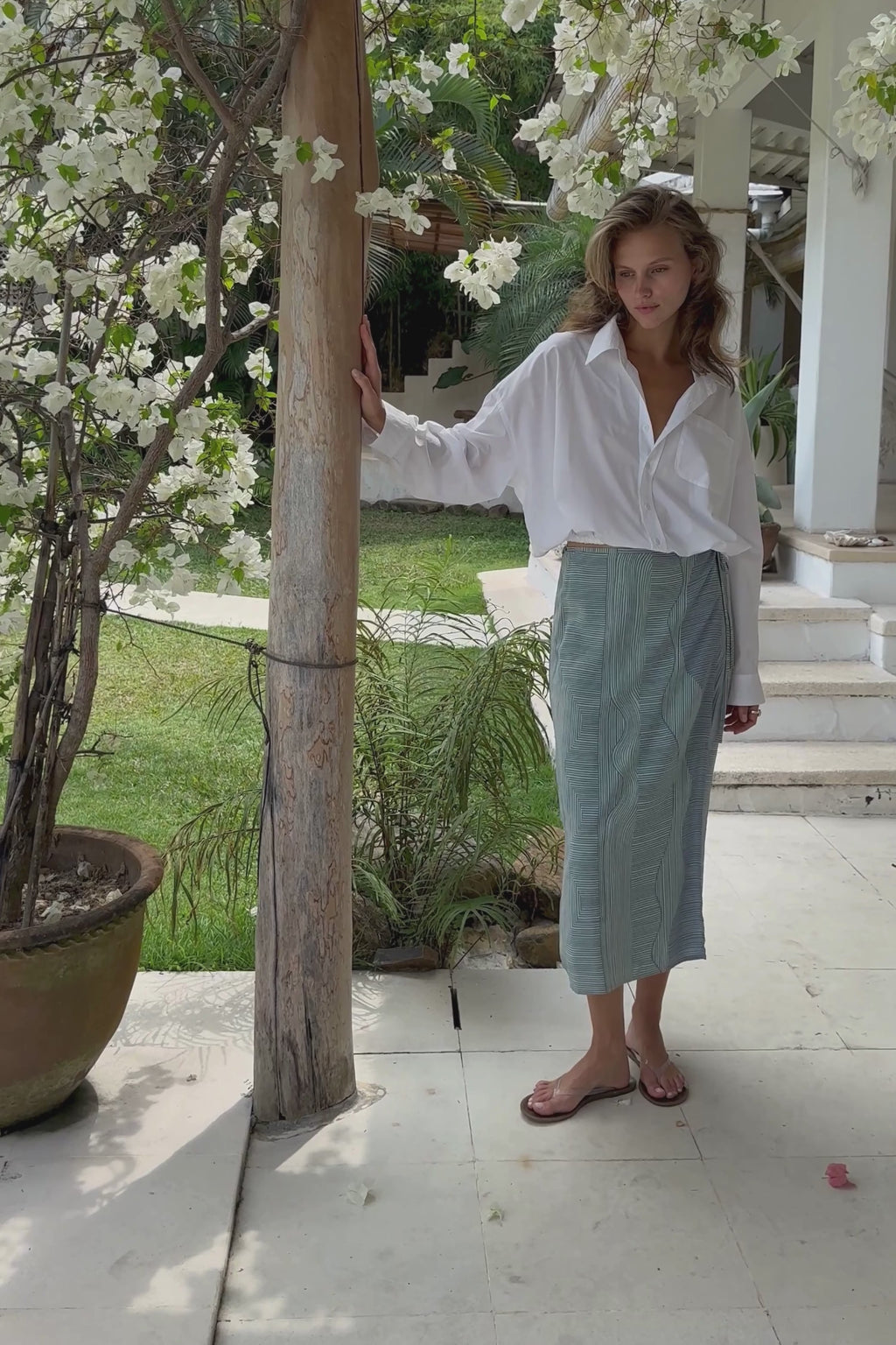 Hana midi skirt in Teru blue, green line print perfect for summer