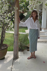 Hana midi skirt in Teru blue, green line print perfect for summer