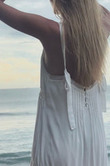 Elena maxi dress showing delicate lace trims and pintuck detailing