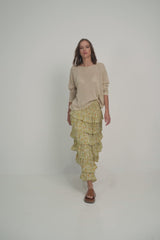 A Model Wearing a Maxi Tiered Floral Summer Skirt