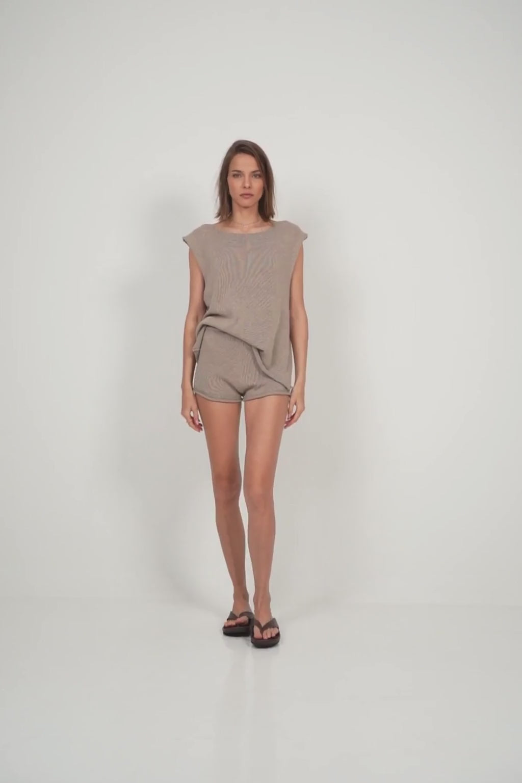 Aura Shorts and Casava Top in cotton knit Café Au Lait.