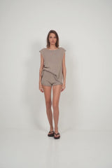 Aura Shorts and Casava Top in cotton knit Café Au Lait.