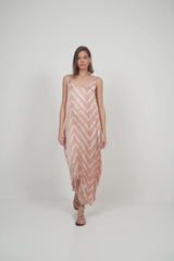 Detail of the scoop neckline and soft sheen of the fabric