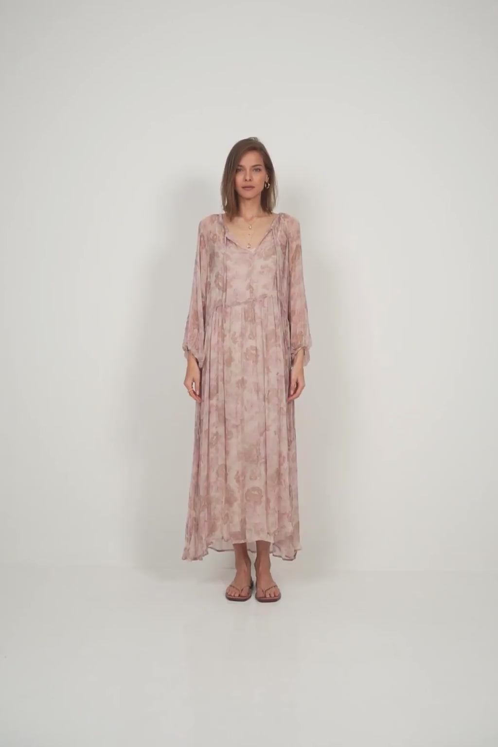 Detail of neckline and 3/4 sleeves on LILYA Verbena Dress in soft chiffon