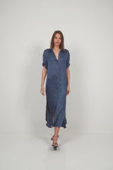 Close up of blue maxi dress 
