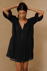 Lightweight black dress with gathered drop waist and frill details 