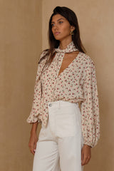 Prairie floral blouse with relaxed sleeves styled with ivory wide leg pants