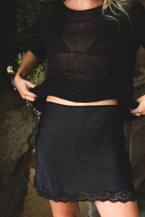 Close up photo of an easy satin skirt for travel and warm weather dressing