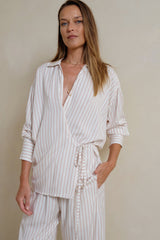 Wrap front blouse in Halcyon Stripe close-up