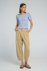 Model wearing sand cotton fashion pants