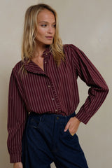 Amina Blouse in wine stripe styled with denim for everyday winter wear