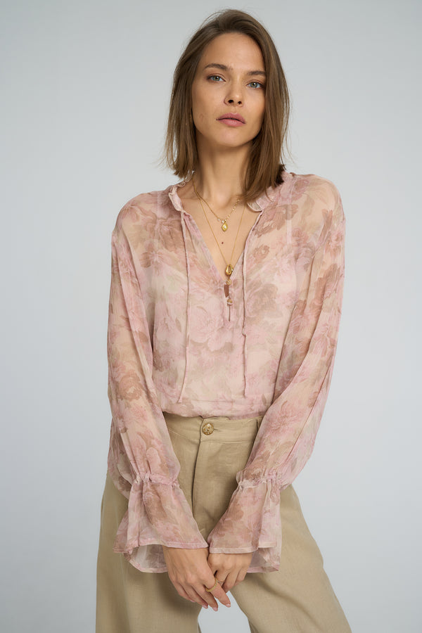 LILYA Harvest Moon Blouse in Monet Floral Print with billowing sleeves
