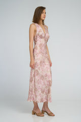 Side view of lightweight floral maxi dress in the sun