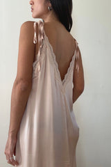 LILYA Oriana Dress in Rose Quartz low v back with lace