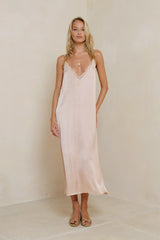 LILYA Oriana Dress in Rose Quartz front view midi slip dress