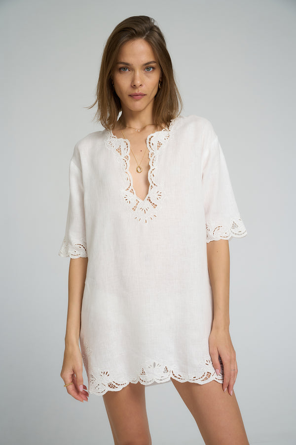 Front view of LILYA Bellini Dress in white linen