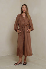 lourdes dress in seraphine brown striped rayon shirt dress