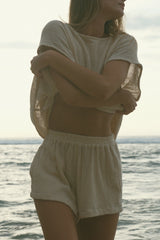 Cotton mesh shorts styled with matching Natural mesh top