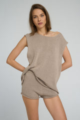 Model wearing Aura Shorts in Café Au Lait with matching Casava Knit Top.